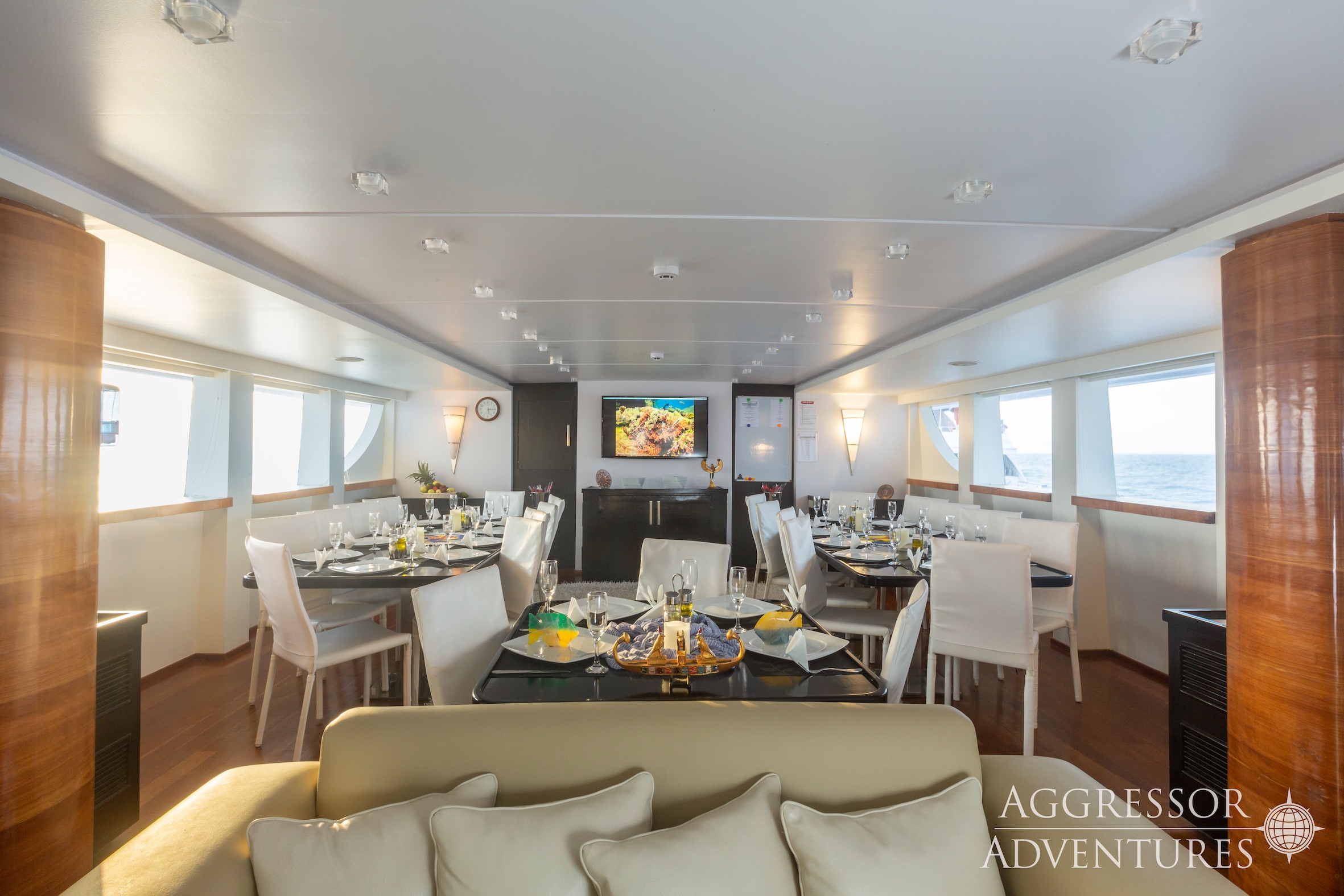 Spacious dining area for delicious meals prepared by the yacht's chef aboard Red Sea Aggressor II