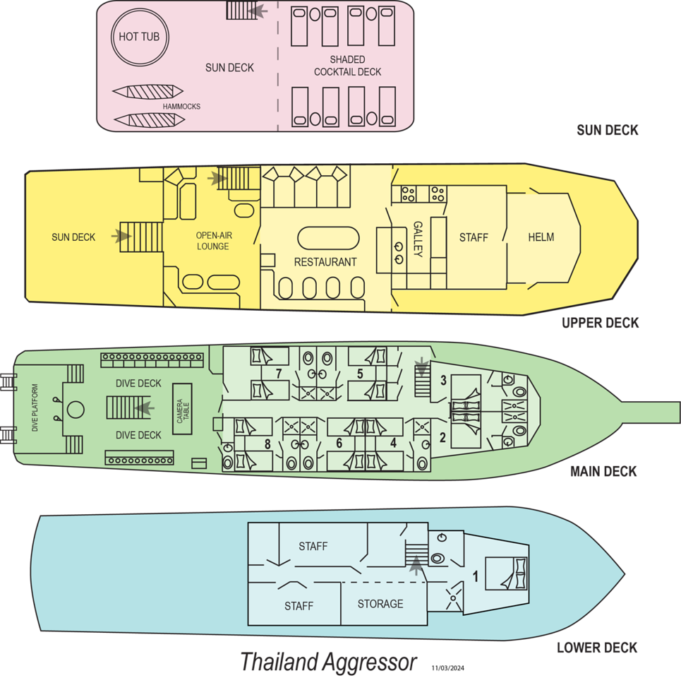 Detailed deck plan of Thailand Aggressor showing cabin layouts and common areas